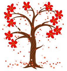 isolated tree with big red flowers on white background