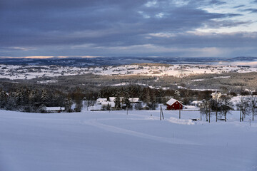 Fototapeta na wymiar view of the rural landscape of toten, norway, in winter
