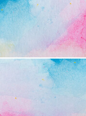 Close-up of two abstract pink and blue watercolor gradient fill backgrounds with watercolour stains. High resolution full frame paper textured backgrounds.