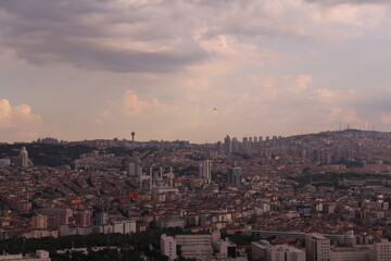 Panoramic view of unplanned urbanization and orange brick roof of buildings from Ankara the capital of Turkey