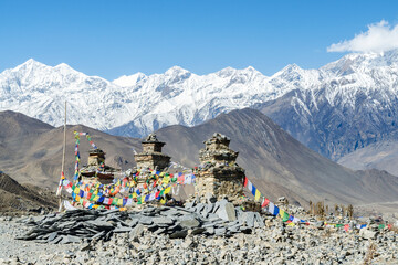 Three stone chortens in Muktinath temple, Annapurna Circuit, Nepal © JossK