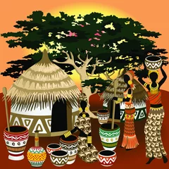 Cercles muraux Dessiner Paysage de la vie africaine, village, huttes, femmes et animaux sauvages au coucher du soleil Clipart vectoriel © BluedarkArt TheChameleonArt