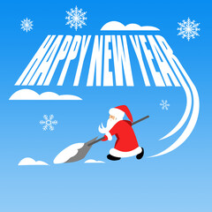 Greeting card. Santa Claus cleans the snow and makes an inscription on the snow happy new year. The falling snowflakes. Text happy new year