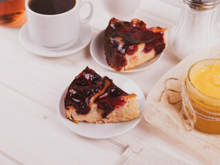 delicious baked jam biscuit pie on the light wooden surface