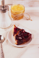 delicious baked jam biscuit pie on the light wooden surface