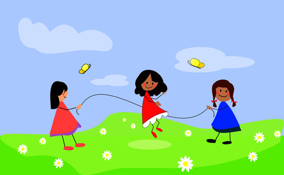 Happy three girls jump rope. In the background are the sky, grass, two butterflies and flowers