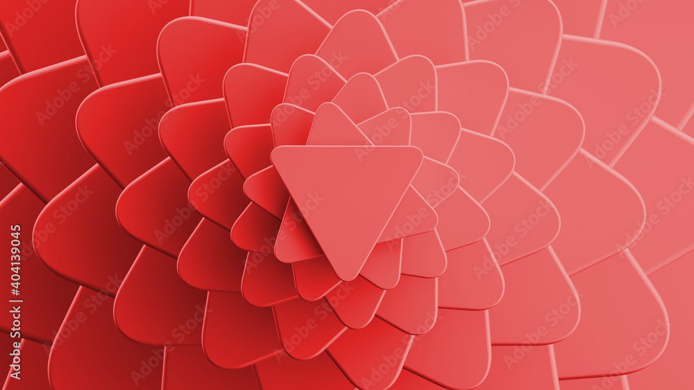 Poster 3d render, abstract red background with geometric shapes. layers of blank triangular cards with roun