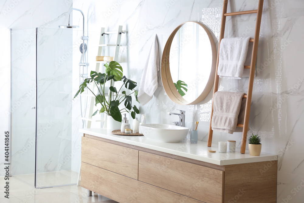 Canvas Prints Decorative ladder near vessel sink in stylish bathroom. Idea for interior design