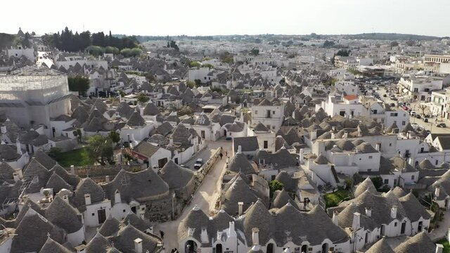 Alberobello, Italy. Aerial footage of the small town in Puglia region. Typical architecture of the region as seen from above. High quality 4k footage