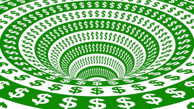Animation of dollar currency going down a spiral shaped drain