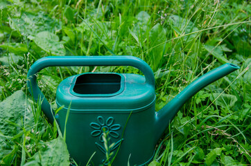 Green watering can in the grass. Photo of garden tools in the garden