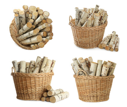 Set of cut firewood in wicker baskets on white background