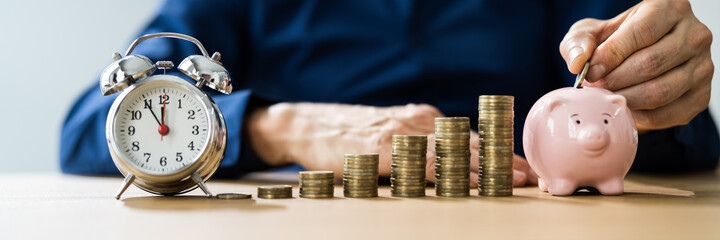 Income Insurance. Saving Coins In Piggybank