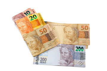 Brazilian money bill. Two hundred bill, ten, twenty, and fifty real bill. Top view.