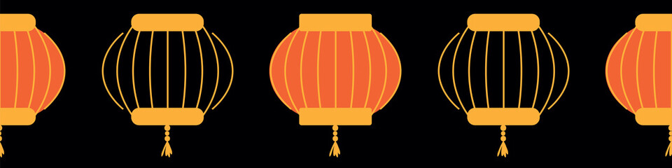 Row of paper lanterns horizontal vector border. can be used as seamless pattern. Great for fabrics, stationery, gift wrap, packaging, and textiles.