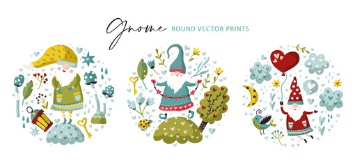 Vector cute colorful illustration of garden gnome with heart and flower. Cartoon elf kid illustration for print. Valentines and Christmas design. round circle print set.