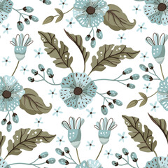Seamless pattern with flower on white background. Vector ornate vintage spring illustration. Detailed floral ornament. Boho botanical background.