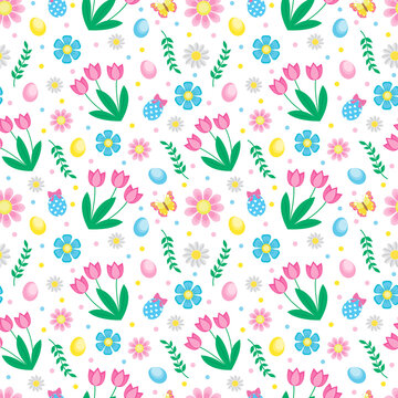 Easter seamless pattern with flowers, butterflies, rabbit and eggs. Spring cute repeating textures. Children's, baby, kids Easter endless background, paper, wallpaper. Vector illustration