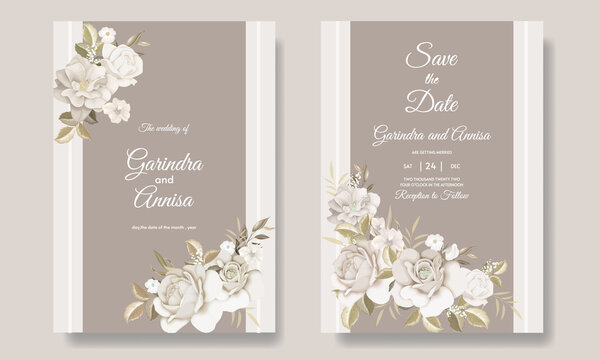 Elegant wedding invitation card with beautiful floral and leaveas Premium Vector