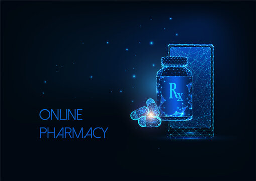 Futuristic online pharmacy concept with glowing smartphone, capsule pills and medicine bottle