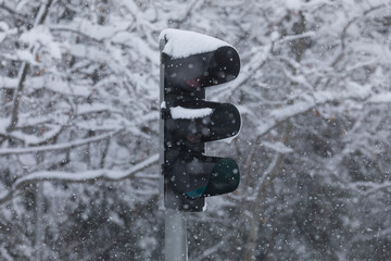 A traffic light, completely covered with snow, on a snowy day, due to the Filomena polar cold front.