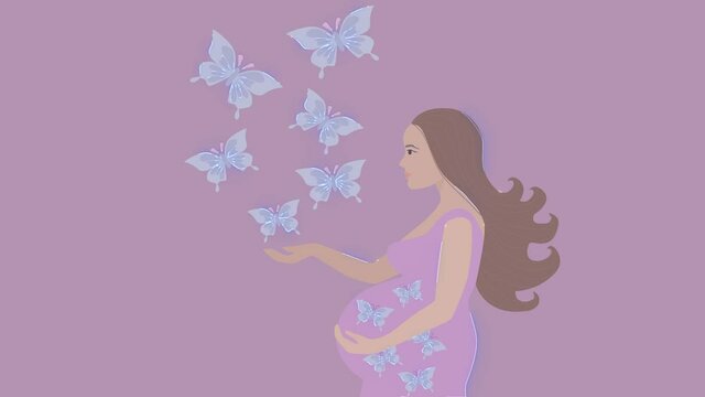 Pregnant young woman in long blue dress caressing her belly at pink background. New life, femininity, happiness to be mother. Copy space, neon lines draving picture