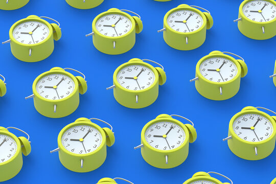 Rows of alarm clocks on blue background. Wake-up and good morning concept. Punctuality. Countdown and deadline. Sleeping time. Daily regime. Business planning. 3d rendering