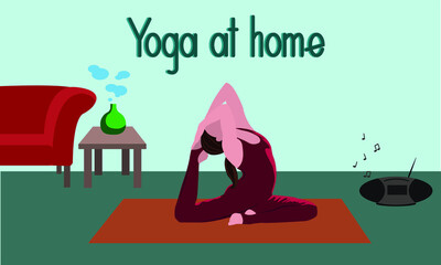 Young woman doing yoga exercises, practicing meditation and stretching on the mat. Female character practicing yoga at home. Yoga time lettering. Trendy flat vector illustration.