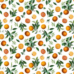 Seamless pattern with vintage orange citrus fruits, blossom, green leaves white background
