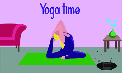 Young woman doing yoga exercises, practicing meditation and stretching on the mat. Female character practicing yoga at home. Yoga time lettering. Trendy flat vector illustration.