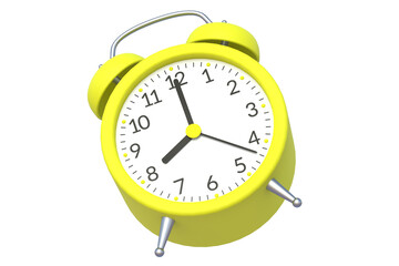 Yellow vintage analog alarm clock isolated on white background. 3d rendering