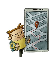 cartoon person is looking at his smartphone to know his location. Geolocation usage concept. isolated - 404150035