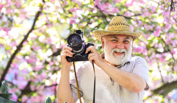 traveler camera man under sakura bloom garden. travel concept. male photographer enjoy cherry blossom. travel and walking in cherry park. hobby at retirement. tourism and holiday. Natural background