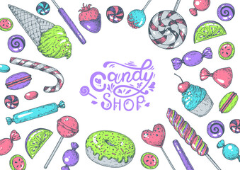 Set of sweets. Isolated on white background. Hand drawn vector illustration. Colorful candies set. Yummy colorful sweet