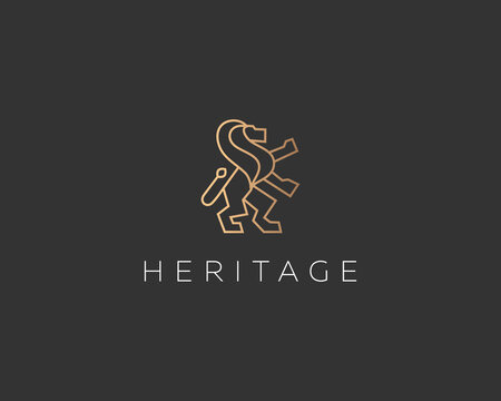 Lion on hind legs simple and elegant logo design template in trendy linear style. Premium creative solid concept icon sign logotype on black background.
