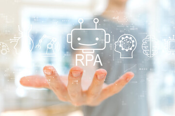 Obraz premium Robotic Process Automation RPA theme with young man holding his hand