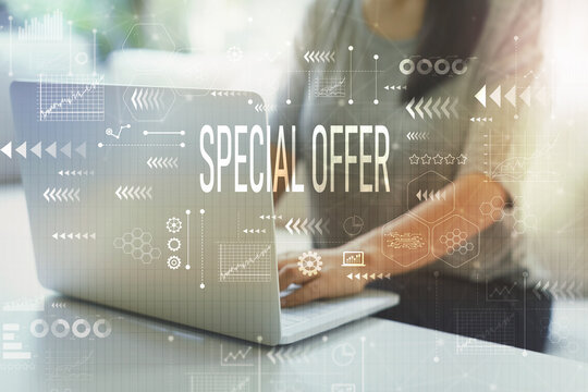 Special offer with woman using her laptop in her home office