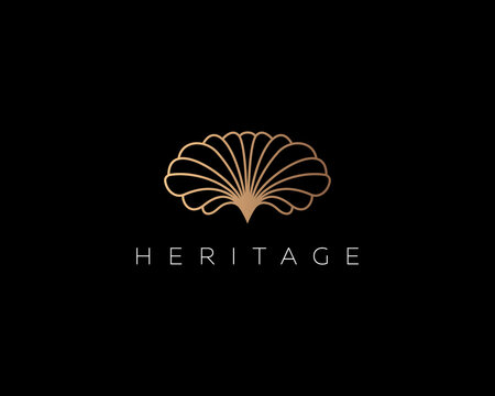 Linear gold gradient flower shell logo design. Premium seafood spa beach hotel vector logotype sign minimal style illustration.