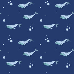 Hand drawn humpback whales on dark blue background, seamless vector illustration.