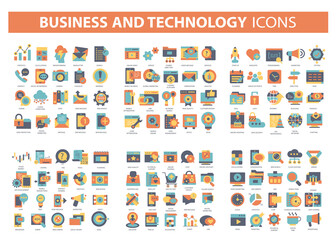 Business and marketing, programming, data management, internet connection, social network, computing, information. Thin line blue icons set. Flat vector illustration	
