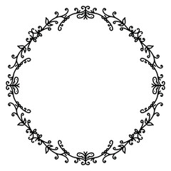 Round frame made of twigs, of hearts and butterflies with place for text on a white background. Monochrome vector illustration of a beautiful wreath made of doodle elements. Isolated object.