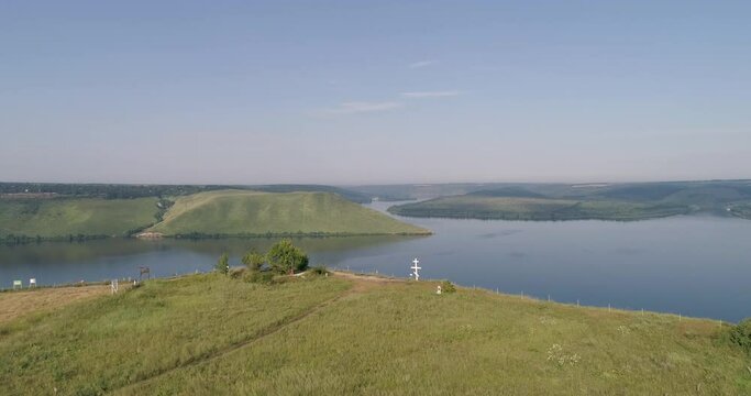 Aerial drone video of a Bakota Bay, located over flooded Bakota village, part of the National Environmental Park "Podilski Tovtry" in Khmelnytskyi region, Ukraine.