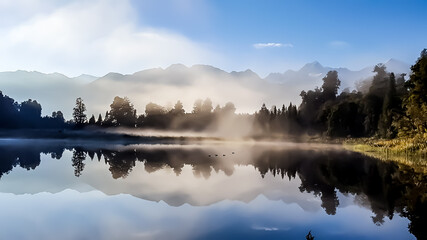Fototapeta na wymiar Foggy morning at Lake Matheson, New Zealand south island. The lake reflects the mountains of the southern alps, and the peaks of Mount Cook and Mount Tasman. It is a quiet and peaceful place in NZ.