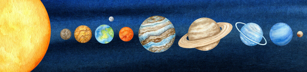 Watercolor planets of the solar system. Outer Space planet Mercury Venus Earth Mars Jupiter Saturn Uranus Neptune Pluto with Sun hand on night sky background. Our galaxy astronomy education material. © Svetlana