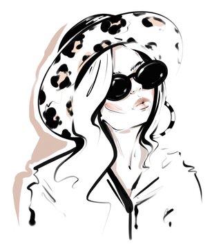 Beautiful young woman in hat with leopard print. Stylish woman. Pretty girl in sunglasses. Fashion illustration.