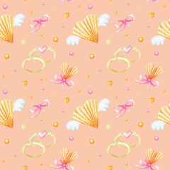 Seamless pattern heart Valentine's Day, love Greeting card concept. Watercolor texture for scrapbooking. Wedding, banner, poster design. Hand drawn yellow hearts on peach background