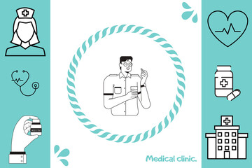 Medical clinic card: doctor, nurse, hospital, tools and medicine on a blue-white background.