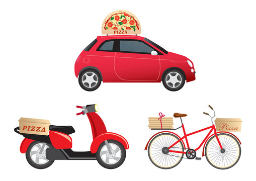 Transportation For Pizza Delivery. Red Car, Red Scooter And Bike With Pizza Boxes.