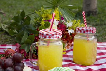 two glasses with juice on a picnic