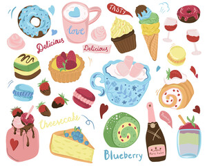 Vector illustration set sweet cakes and desserts macarons marshmallow muffin
